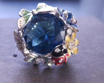 Sterling Silver Enamel Flower Ring: Blue Glass, Butterfly, Ladybug, CZ Accents