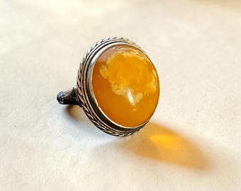 Butterscotch Amber Ring Sterling Silver Large Oval Cabochon Vintage Statement Ring Size 8