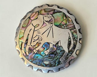 Sterling Silver Taxco Abalone Matador Bull Brooch Pendant – Vintage Mexican Figural (2 inches)