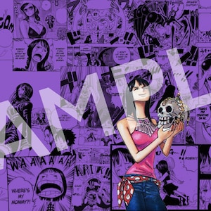 May include: Purple background featuring manga panels with a central illustration of a character holding a skull. The character wears a pink top and blue jeans. The word "SAMPLE" is overlaid on the image.