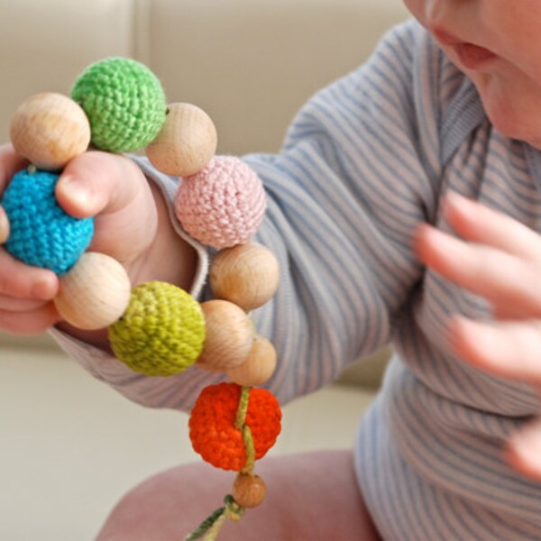 Teething toy with crochet wooden beads.