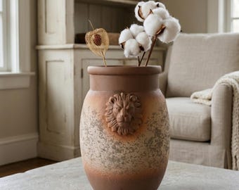Lion Head Ceramic Vase, Antique Effect Terracotta Planter, Farmhouse Bookshelf Decor, 9" Vase