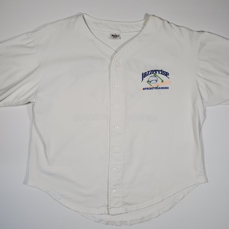 Vintage 90/'s Jazzercise Spring Training Baseball Style Button Up Shirt 1990/'s Softball Team Retro Icons Bat Dance Arobics Unisex XL
