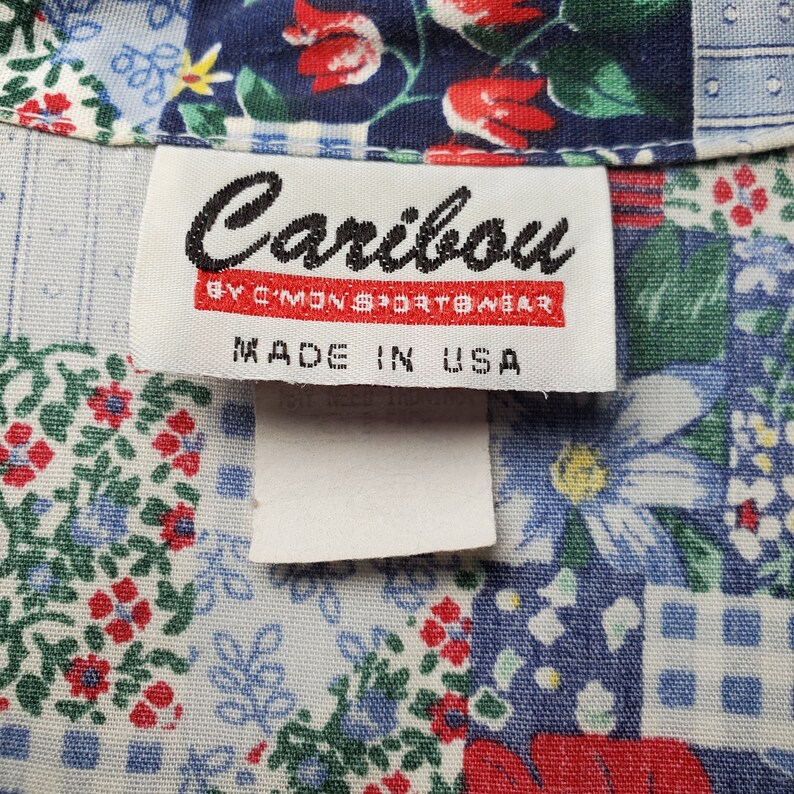 Vintage 80/'s Caribou Floral Patchwork Button Up Shirt 1990/'s Short Sleeve Spring Summer Flowers Red White Blue Gingham Stripes Women/'s L