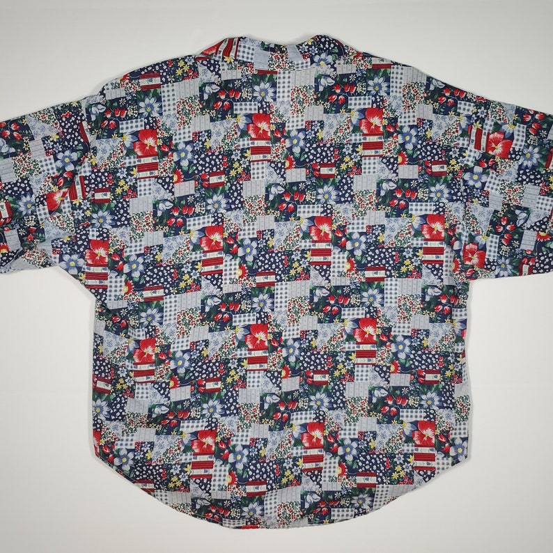 Vintage 80/'s Caribou Floral Patchwork Button Up Shirt 1990/'s Short Sleeve Spring Summer Flowers Red White Blue Gingham Stripes Women/'s L