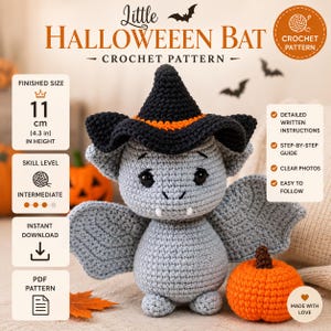 Virkmönster för liten Halloween-fladdermus | Amigurumi-fladdermus i PDF-format | Söt häxfladdermusplysch | Virkmönster för mellannivå | Halloweendekorationspresent