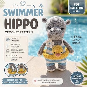 Puede incluir: Un hipopótamo gris tejido a ganchillo con un traje de baño a rayas azules y blancas y un flotador de pato amarillo. El hipopótamo mide aproximadamente 17 cm de altura. El texto dice "Swimmer Hippo Crochet Pattern".
