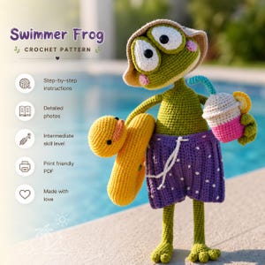 May include: A crocheted frog wearing a hat, purple swim trunks with white polka dots, and holding a yellow duck-shaped float and a drink. The frog is green with large white eyes and is standing near a pool. The text "Swimmer Frog Crochet Pattern" is at the top.