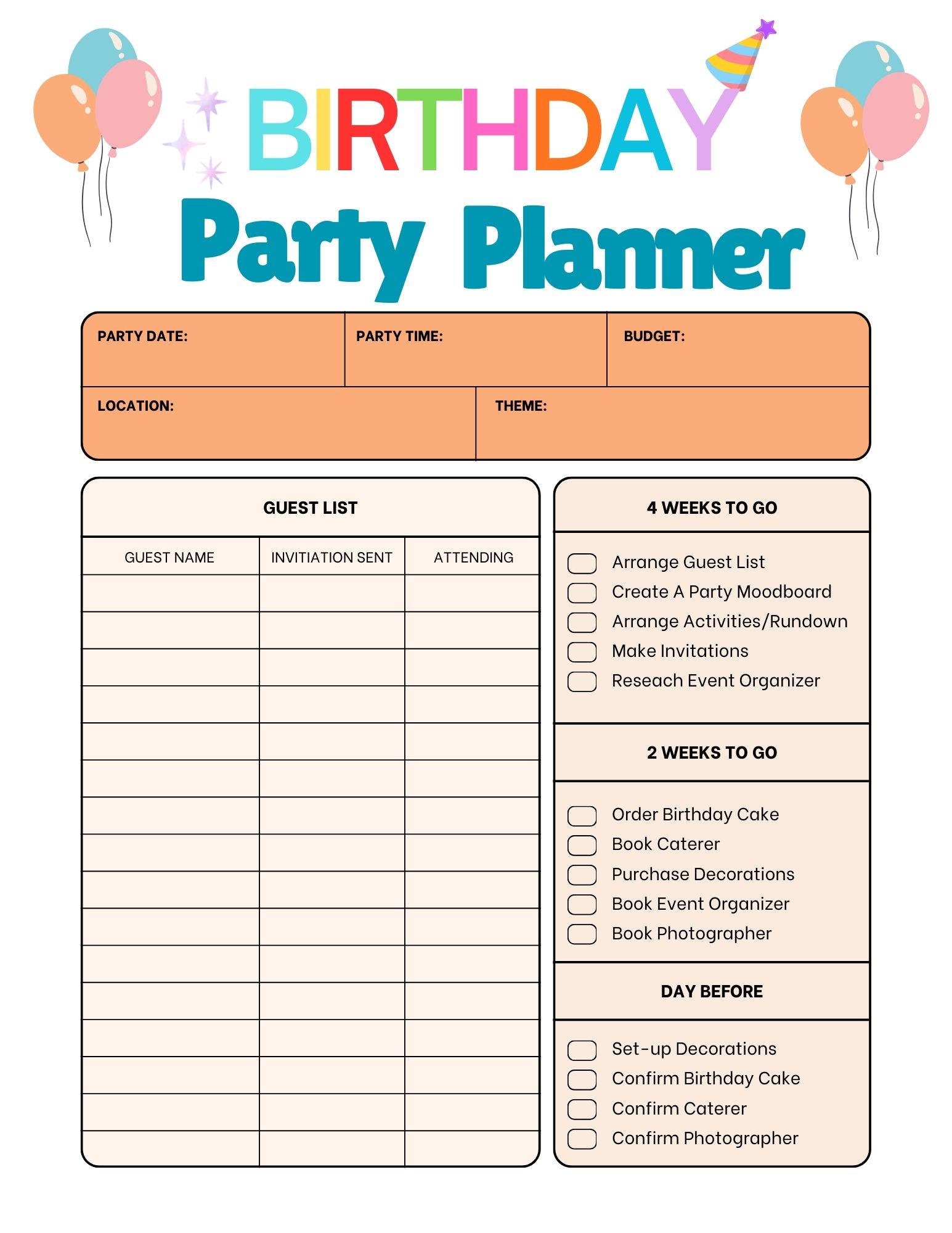 Colorful Birthday Party Planner Checklist (instant Download) - Etsy
