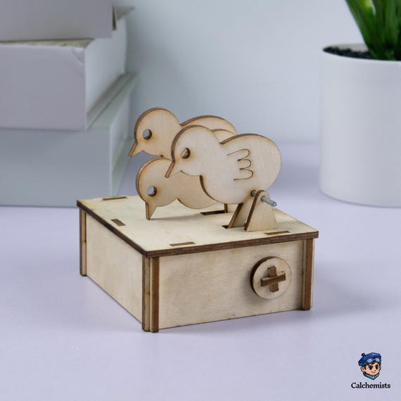 Kinetic Chicken Desk Toy Kit | DIY Unassembled | Hand Crank Wooden Automata | Laser Cut Pecking Chicks | Cute Desk Decor