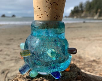 Hand Blown Art Glass Jar - Seafoam Barnacle Cluster jar with cork