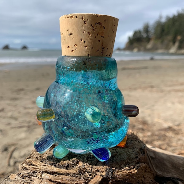 Hand Blown Art Glass Jar - Seafoam Barnacle Cluster jar with cork