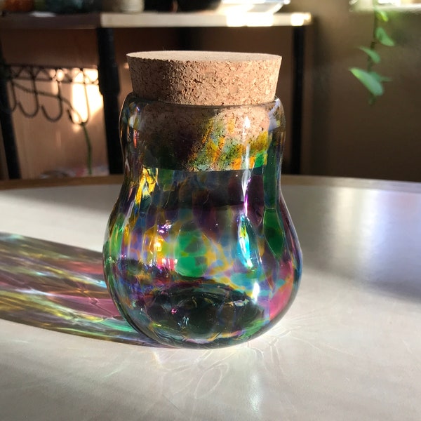 Blown Glass Art by Robb Dunmore - Rainbow Bubble Widemouth jar with cork