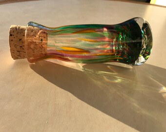 Hand Blown Art Glass - Tie-dye Rainbow bottle jar vase with cork