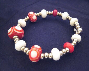 Red and White on Silver Bracelet featuring unique handmade lampwork art glass beads