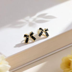 Black Bow Clip On Earrings, Dark Coquette Jewelry, Invisible Resin Clip Earrings, Non Pierced Dainty Gold Ribbon Studs,Cute Gift for Her