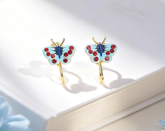 Sierlijke blauwe vlinderclip-oorbellen • Pijnloze onzichtbare gouden knuffels • Grillige emaille Fairy Core-stekers • Niet-doorboorde coquette Y2K-cadeau