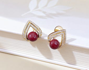 Minimalist Sculptural Shell Pearl Clip-on Earrings - Dainty Teardrop Gold Plated CZ Pave Studs - Non-Pierced Jewelry , Gift for Her