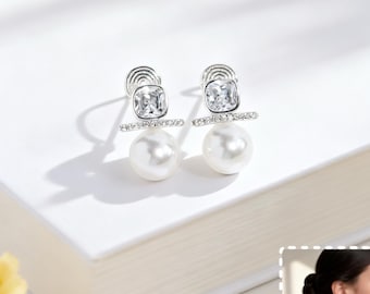 Pendientes modernos de clip con perlas y circonitas cuadradas - Pendientes invisibles en espiral sin dolor para orejas sin perforar - Delicadas perlas grises y blancas para novias