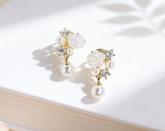 White Flower Pearl Drop Clip On Earrings, Rare Bridal Cluster Non Pierced Dangles, Pain Free Spiral Clip, Fairycore Wedding Bridesmaid Gift