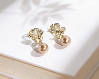 Butterfly Pearl Drop Clip On Earrings, Cat Eye Stone Dangle Clips, Pain Free Spiral Clip Non Pierced Earrings, Fairycore Spring Jewelry Gift