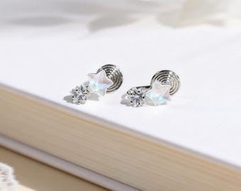 Sierlijke ster clip oorbellen, iriserende hars opaal hemelse sieraden, pijnvrije spiraal clip niet-doorboorde oorbellen, leuk tienermeisje cadeau