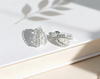 French Lace Pearl Clip On Earrings, Rare Silver Half Hoop Non Pierced Huggies, Invisible Pain Free Clip, Bridal Wedding, Mothers Day Gift