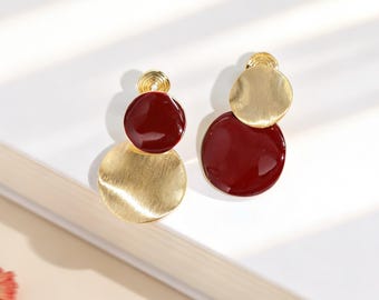 Luxury Asymmetrical Geometric Clip-on Earrings - Gold & Ruby Red Enamel Non-Pierced Statement Earrings - Painless Invisible Clip ons