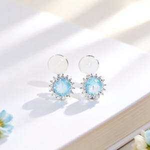 Aquamarine Blue Zircon Clip On Earrings - Dainty Round Halo Studs for Non Pierced Ears - Painless Silicone Pad Clip - Everyday Jewelry Gift