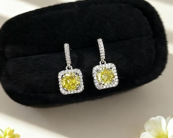 Emerald Olive Green Clip On Earrings,Square Halo Zircon Drop Dangle for Non Pierced Ears,Painless Silicone Pad Clip,Art Deco Bridal Gift