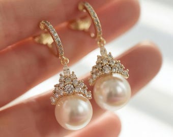 Vintage Crown Pearl Drop Clip on Earrings - Gold Pave CZ Dangle Jewelry for Non Pierced Ears - Painless Luxury Bridal Clip ons