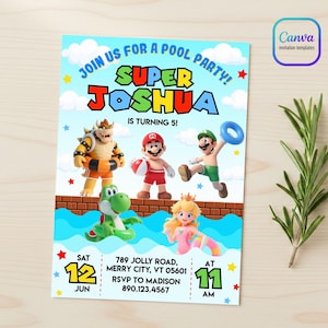 Puede incluir: Una colorida invitación a una fiesta en la piscina con el texto "¡Super Joshua cumple 5 años!" y personajes de dibujos animados. La invitación incluye detalles de fecha, hora y lugar, con un logotipo de Canva.