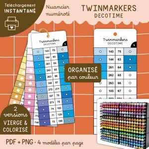 Puede incluir: Descarga digital de cartas de colores Twinmarkers Decotime. La imagen muestra muestras de color, organizadas por color, con números correspondientes. El texto incluye "2 versiones" y "PDF + PNG". También se ve un estuche de rotuladores.