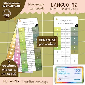 Può includere: Un download digitale per un set di pennarelli acrilici, con campioni di colore e una custodia. L'immagine include il testo "Languo 192 Acrylic Marker Set" e "Organizzato per colore". Il download include file PDF e PNG con 4 modelli per pagina.