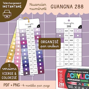 Peut inclure: Un nuancier numéroté "GuangNa 288" avec des échantillons de couleurs, organisé par couleur. Comprend une boîte de marqueurs pinceaux acryliques avec 288 couleurs. Disponible en 2 versions: vierge et coloré.