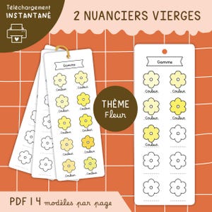 May include: Digital download of flower-themed color palette guides. The guides feature flower illustrations in various shades of yellow and white, with space to add color swatches. The text includes "Theme Fleur" and "PDF 14 models per page."