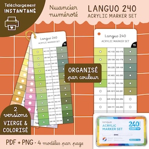 May include: An acrylic marker set with 240 colours, featuring colour swatches and a colour chart. The image includes the text "LANGUO 240 ACRYLIC MARKER SET" and "ORGANISÉ par couleur". The set comes in a metal case and includes a soft tip.
