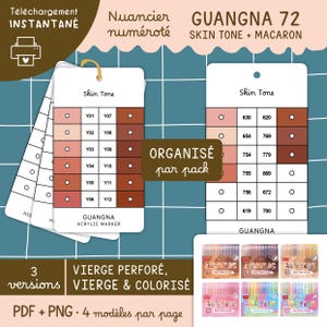 Peut inclure: Un téléchargement numérique présentant des nuanciers de couleurs de peau pour marqueurs acryliques. La conception comprend des tableaux de couleurs numérotés, organisés par pack, avec le texte "GUANGNA 72 SKIN TONE + MACARON". L'image comprend également le texte "PDF + PNG".