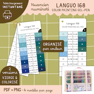 Op de afbeelding: Een kleurenkaart voor Languo 168 kleur schilderen gelpennen, met een reeks blauwgroene tinten. De kaart is georganiseerd op kleur en bevat een set pennen in een draagtas. Tekst bevat "Direct downloaden" en "Georganiseerd op kleur."