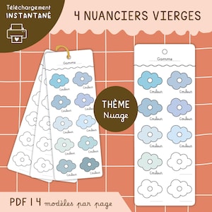 Pode incluir: Download digital com amostras de cores com tema de nuvens. O design inclui cartões brancos com ilustrações de nuvens em vários tons de azul. O texto inclui "4 Nuanciers Vierges", "Thème Nuage", e "PDF 14 modèles par page".
