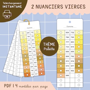 May include: Two color palette cards with a theme palette graphic. Each card features numbered color swatches in shades of yellow, orange, and brown. Text includes "2 Nuanciers Vierges" and "PDF 14 modèles par page."