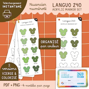 May include: A Langou 240 acrylic marker set with colour swatches, organised by colour. The image includes a colour chart with green shades, a colour palette, and the text "Téléchargement INSTANTANÉ". The set includes 240 soft tip markers.