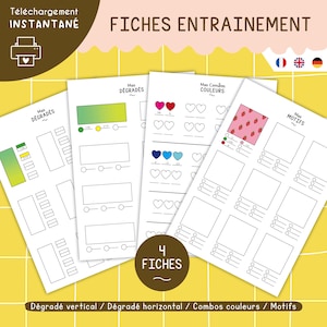 Paquete de práctica para colorear | Hojas de combinaciones de colores, degradados y patrones | Registro de actividades para colorear | Hoja informativa imprimible | PDF FR/EN/DE