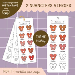 Könnte beinhalten: Weiße Papier-Farbfächer mit Mickey-Mouse-Themen-Farbfeldern in Rot-, Rosa- und Brauntönen. Der Text "THÈME Mickey" befindet sich auf einem braunen Kreis. Der Text "PDF 14 modèles par page" steht unten.