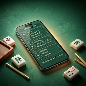 May include: A smartphone displaying a Mahjong game interface, surrounded by ivory tiles and bamboo sticks, all set against a green backdrop. The screen shows game categories: Suits, Honors, and Bonus.