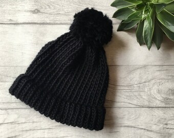 Black knitted hat, chunky knit bobble hat, merino wool mens hat, womens hat winter