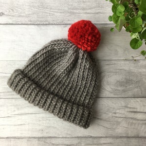 Grey beanie with pom pom, custom bobble hat, matching hats,  gift for kids, gifts for him, gifts for her, British wool hat, warm winter hat