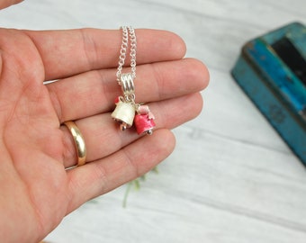 Red and white bell necklace - Christmas bells jewellery- enamel charm necklace - xmas gift