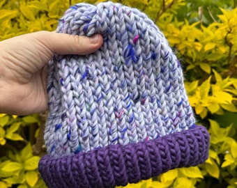 ADULT - Knitted hat in blue and purple tones - hand knitted beanie - 100% wool