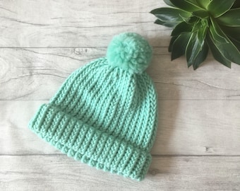 Mint green hat, knit accessories, bright bobble hat, matching mum and baby hats, baby bobble hat